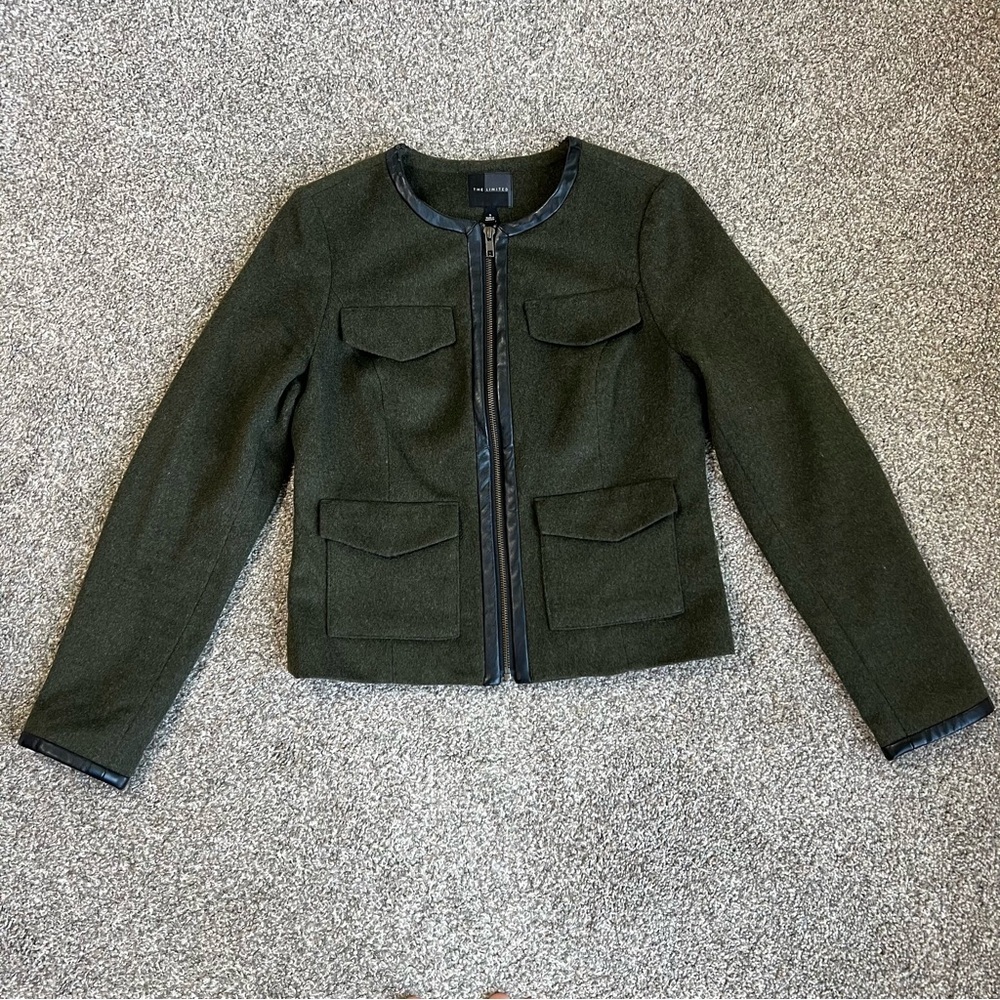 The Limited Hunter Green Wool Blend Faux Leather Trim Jacket, Size Small